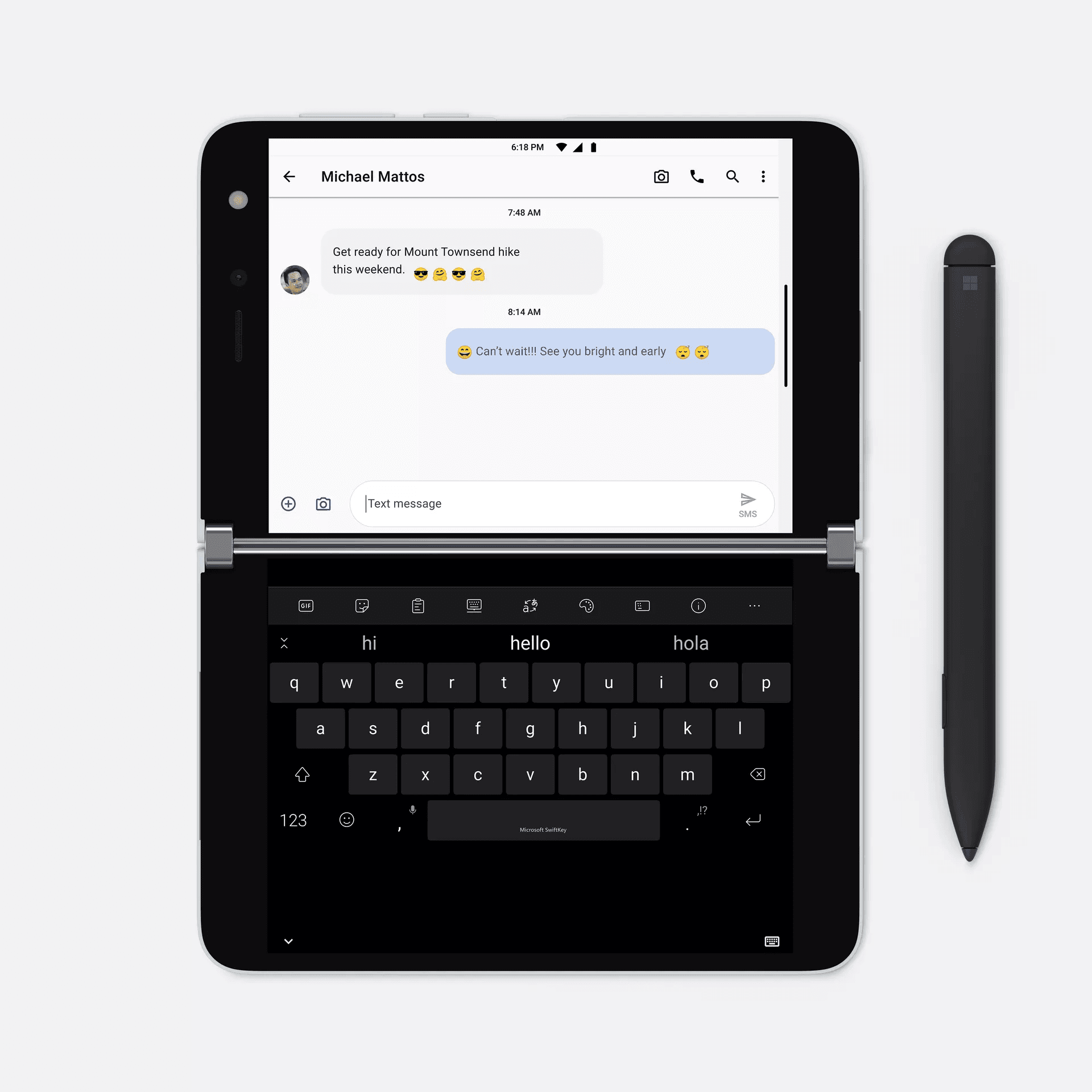 SwiftKey adapts to the various modes of Duo. Shown is the keyboard when the device is rotated into compose mode.